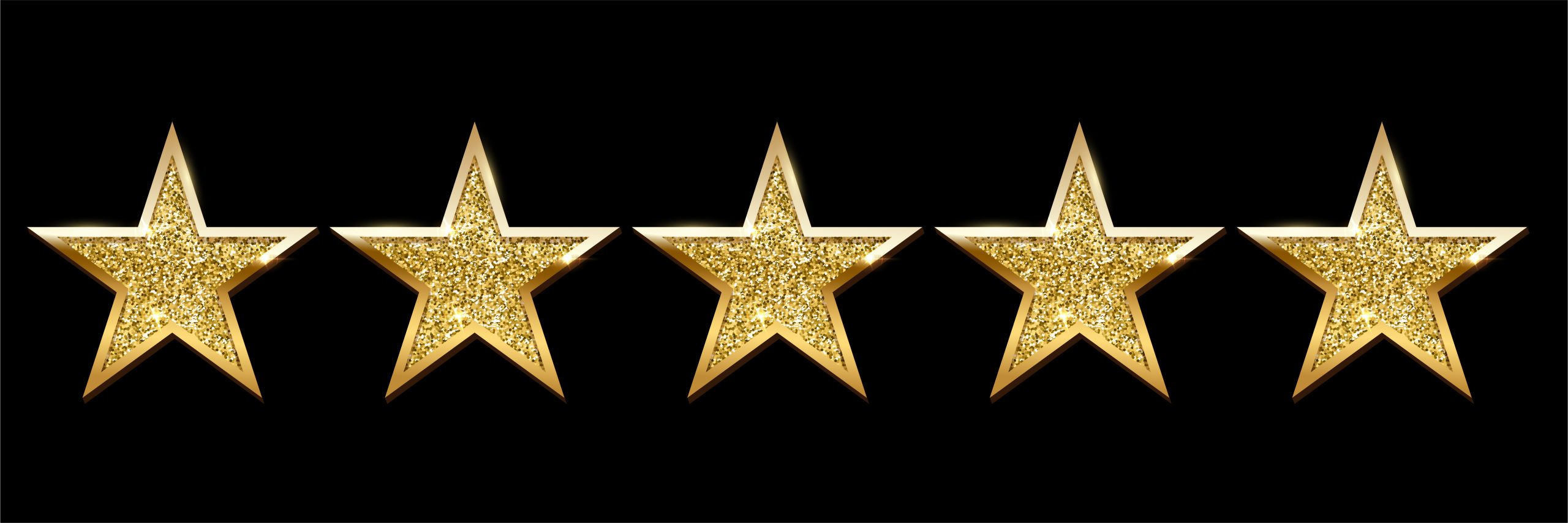 Realistic five shiny golden star set on black backdrop. Review rating, feedback, quality and opinion rank. Customers evaluation. Followers assessment. Best valuation. Vector illustration design